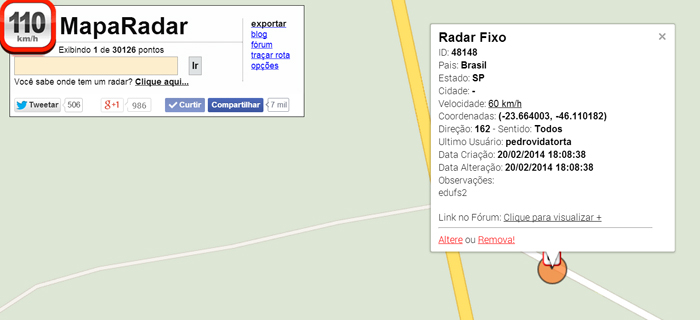 Obs. O GPS não mostra a imagem do satélite e sim do mapa, observe que tem diferença na posição do radar entre o local do mapa e do satélite ?